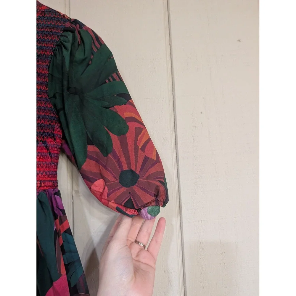 Farm Rio Dark Flowers Smocked Midi Dress Puff Sleeve Floral XS - Picture 9 of 16